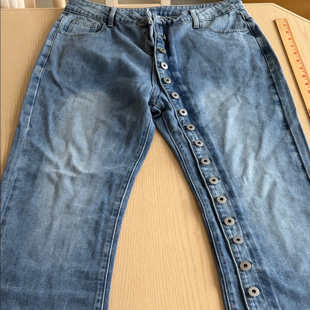 SHEIN Women's Blue Button-Accent Flare Jeans